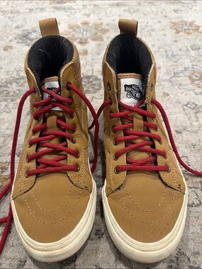 Vans kid’s Tan High-Top Sneakers with Red Laces